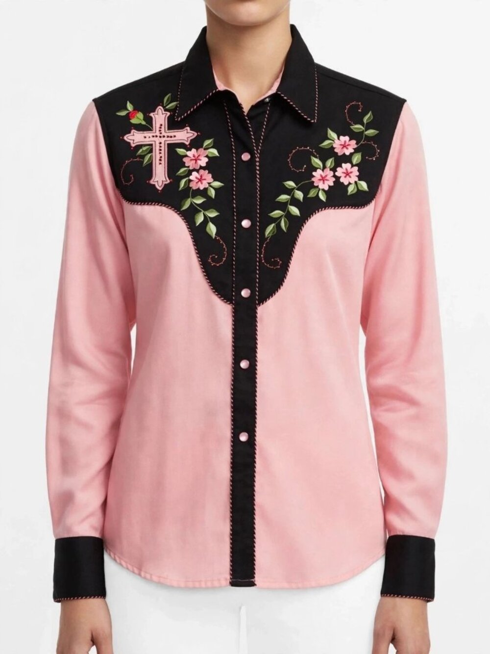 Panhandle Slim Western Snap Shirt Pink Black Embroidered Cross Floral Bling S Sm